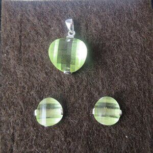 Sterling Silver and Faceted Peridot Pendant and Stud Earrings Set - New